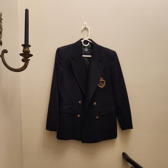 Vtg Ralph Lauren Worsted Wool Royal Crown Crest Navy Double-Breasted Blazer - Picture 4 of 15
